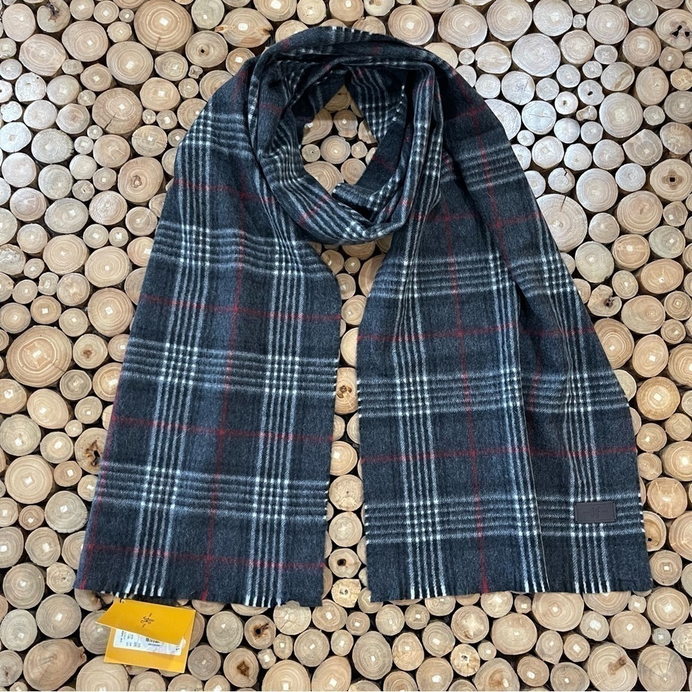 Hickey Freeman Mens 100% Cashmere Scarf Black Gray Red Plaid Check NWT $125